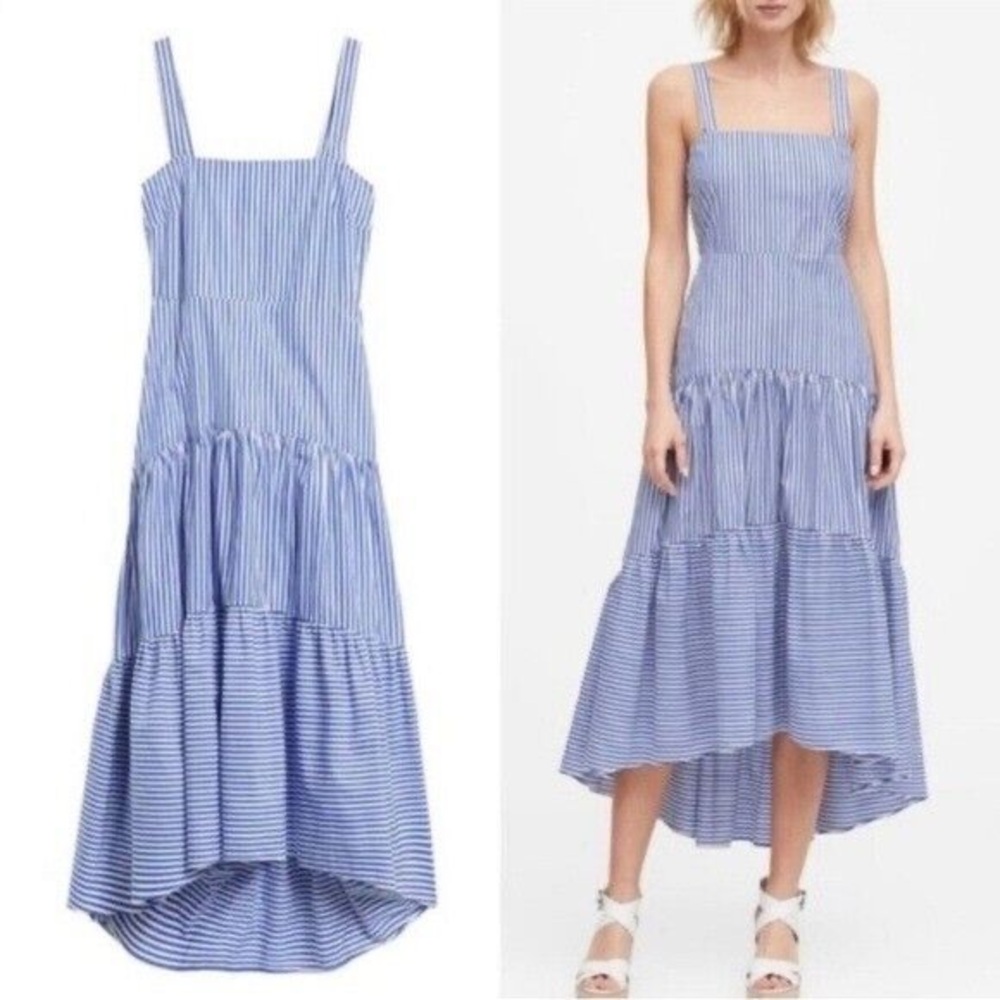 Banana Republic Blue & White Striped Tiered Midi Dress